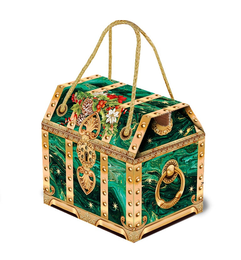 ГК23.Набор конфет Чемоданчик  Малахитовая шкатулка (футлярный картон, УФ лак, многоцветное тиснение, веревочная ручка)  H 16,5см. вес 1100гр.