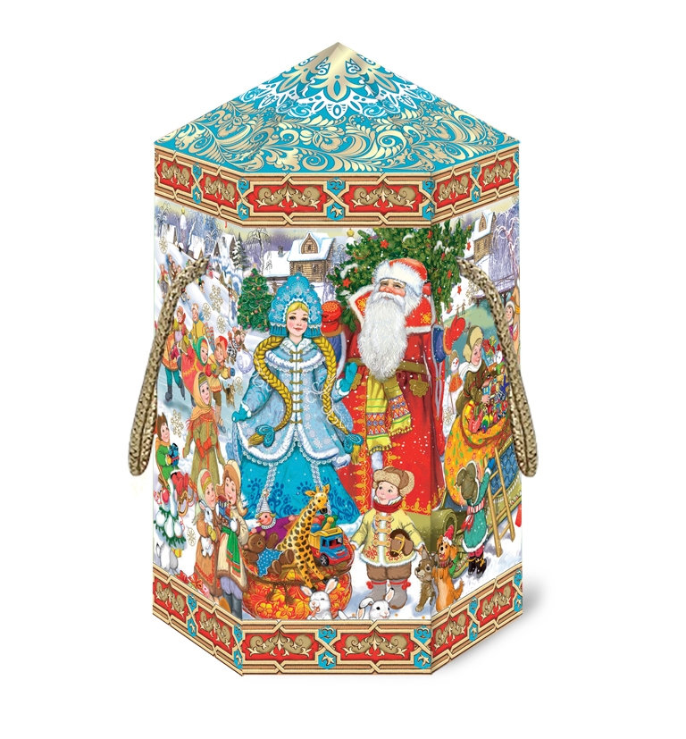 ГК25. Набор конфет Шестигранная туба Новогодние гулянья  (МГК,тиснение золотом, металлизация, золотые ручки), H 21см. вес 1100гр. 1100 руб.