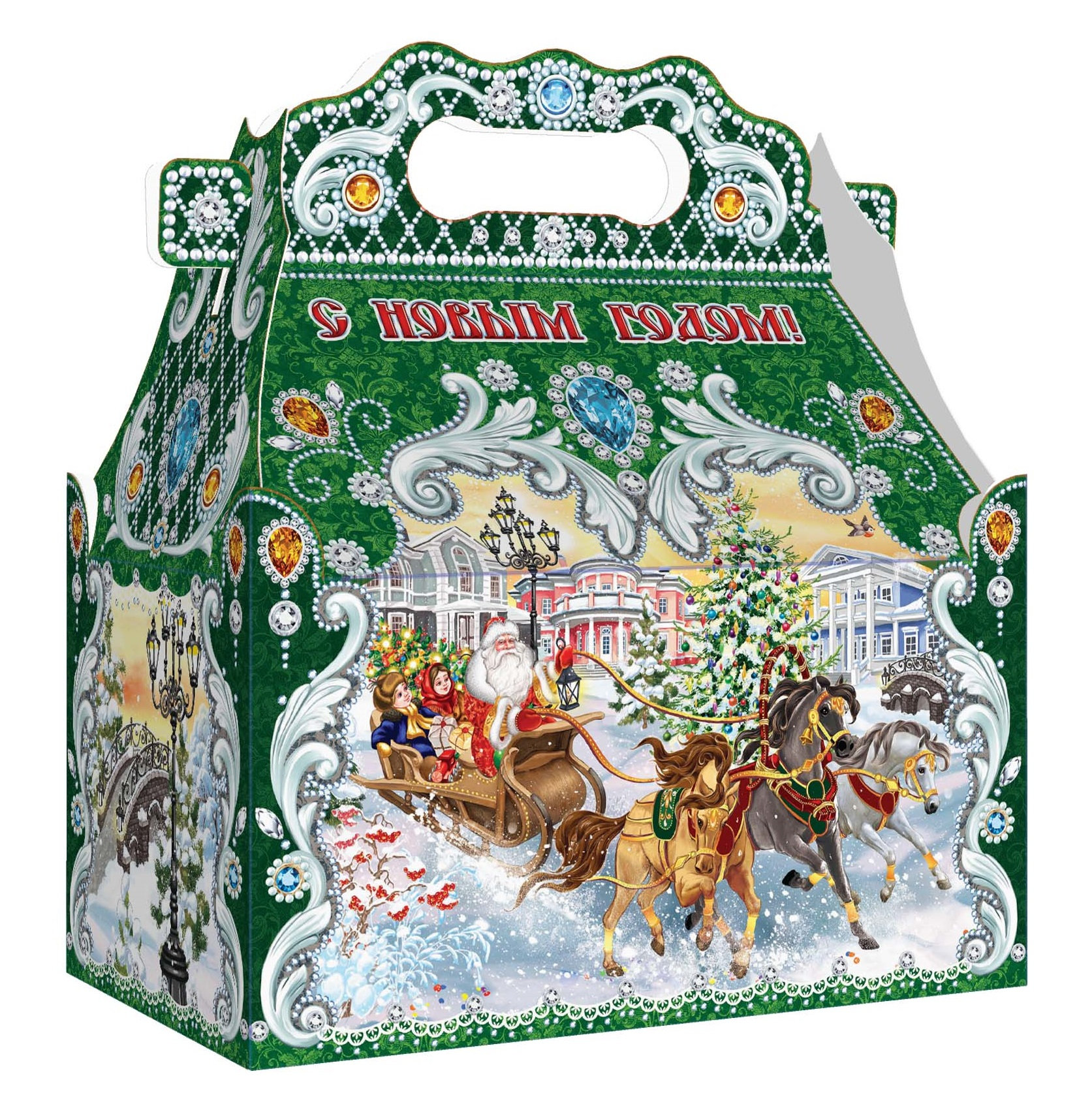 ГК26. Набор конфет Ларец Чудо Тройка в серебре (МГК, УФ лак, блестки), H 21,5см. вес 1100гр.