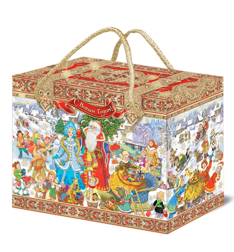 ГК28. Набор конфет  Чемоданчик К нам приехал Дед Мороз (МГК,тиснение золотом, металлизация, золотые ручки), H 17см. вес 1200гр.1150 руб.