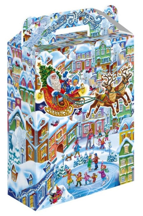 ГК3. Набор конфет Подарок Волшебный город (МГК, УФ лак, блестки), H 25см. вес 800гр. 800 руб.