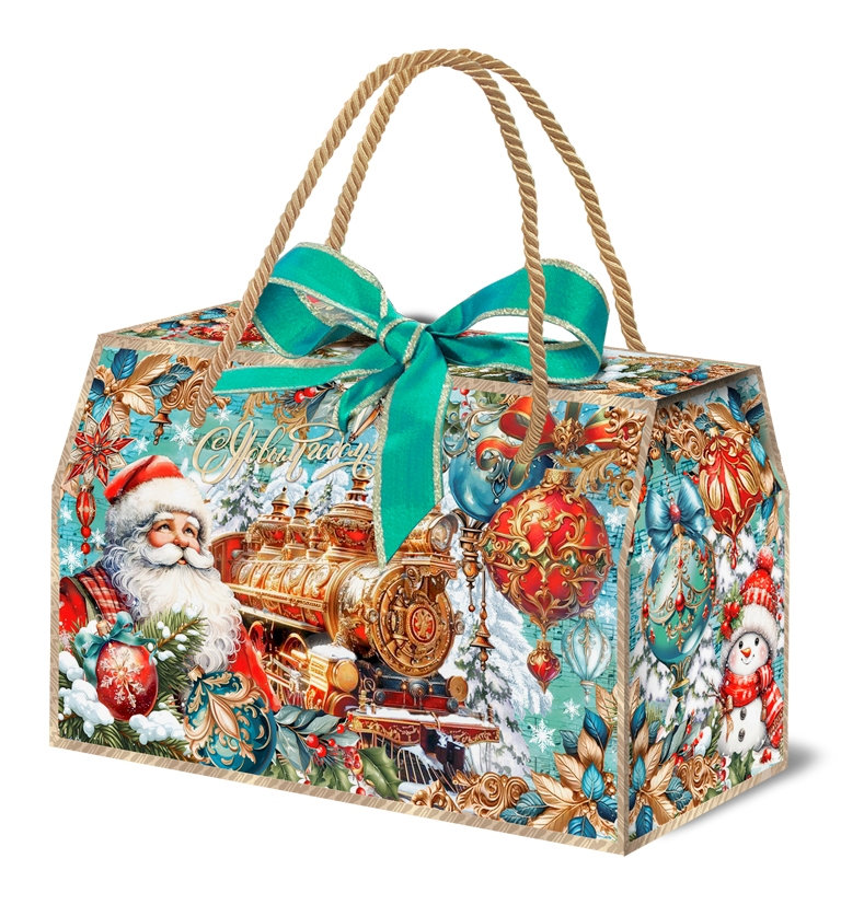 ГК40. Набор конфет Чемоданчик Полярный экспресс  (МГК, УФ лак, тиснение золотом, металлизация, золотые ручки) H 17см. вес 1600гр. 1550 руб.