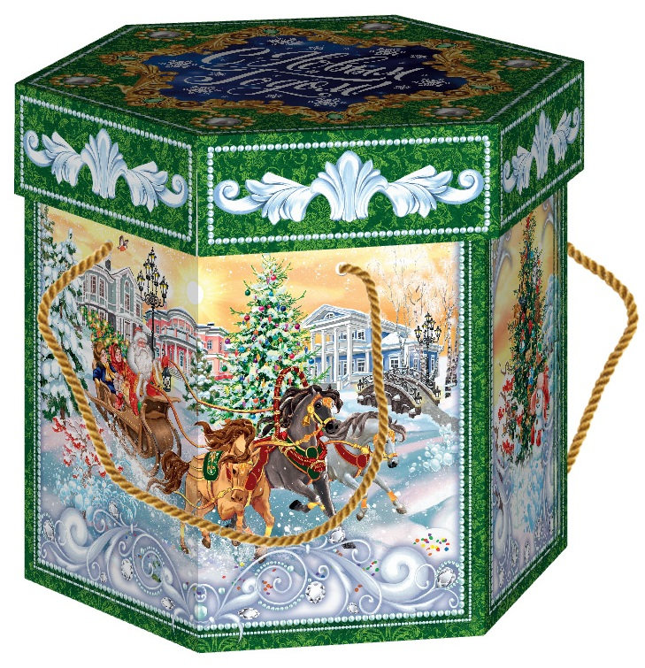 ГК41. Набор конфет Шестигранник средний Чудо Тройка  (МГК, УФ лак, блестки, веревочная ручка) H 18,5см. вес 1700гр. 1600 руб.