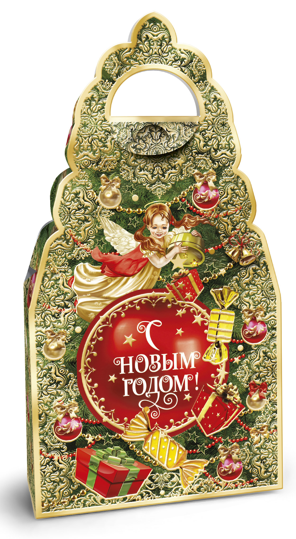 К5.Набор конфет Сумочка золотистая (картонУФ лак, тиснение золотой фольгой) H 30см. вес 450гр. 430 руб.