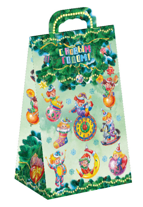 К6. Набор конфет Сумочка Новогодние Эльфы (картон, УФ лак, блестки) H 24см. вес 500гр. 460 руб.