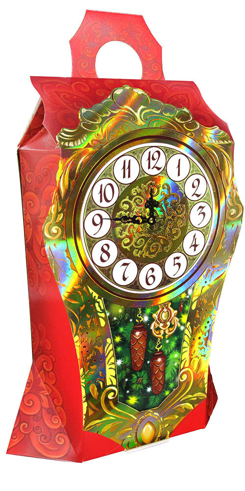 К7. Набор конфет Старинные часы (картон,УФ лак, тиснение золотом, голография) H 28см. вес 700гр.