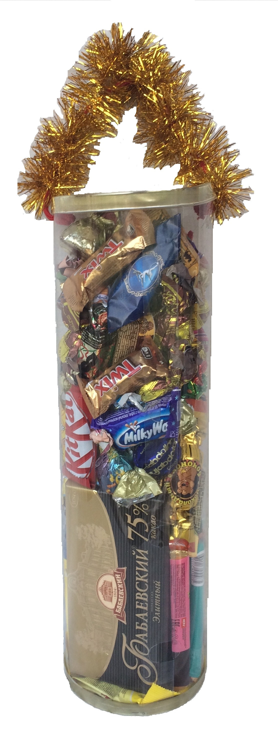 П4. Набор конфет Тубус прозрачный большой(пластик), H 37см. вес 1500гр. 1400 руб.