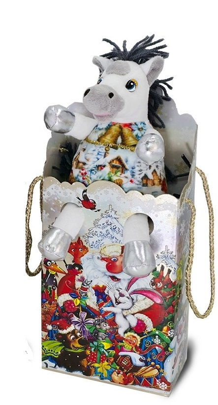 Т3. Набор конфет  Игрушка Лошадка Белоснежка в коробке,  H лошадки 21см. H коробки 31см. вес 600гр. 1190 руб.