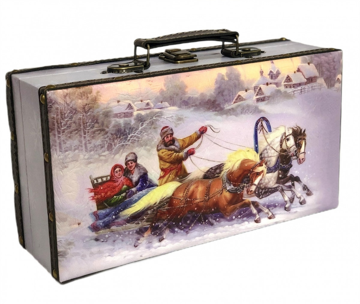 Д2. Набор конфет Чемодан Русская тройка (дерево), H  16см., вес1300гр. 3450 руб.