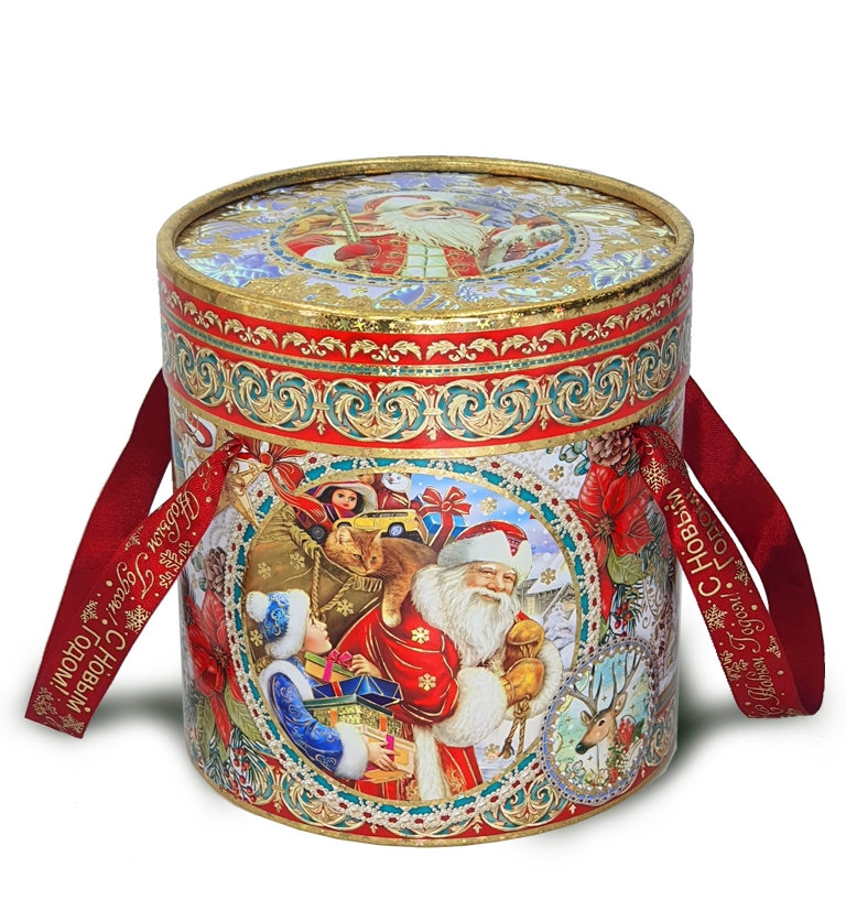 ПК6, Набор конфет Туба Новогодняя майолика  (переплетенный картон, золотое и серебряное тиснение),  H  18,5см.. вес 1500гр. 3500 руб.